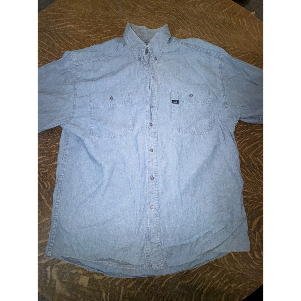 Vintage 90s Lee Chambray Button Down Shirt Mens Large Denim Blue Work Shirt